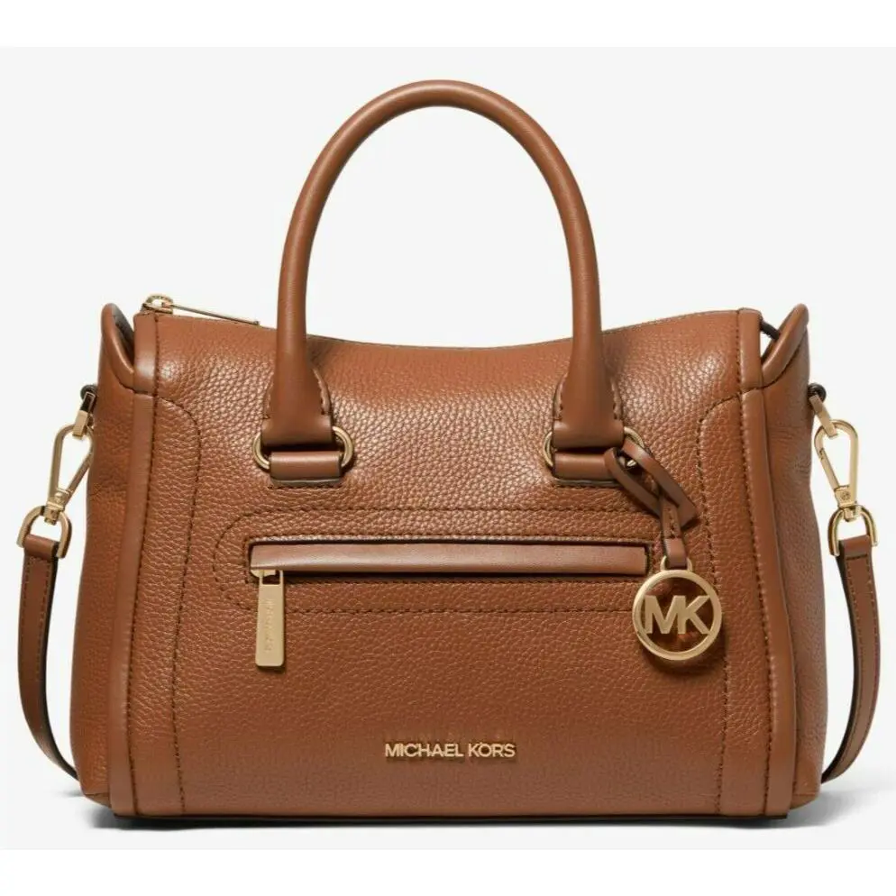Michael Kors Carine Medium Luggage Brown Leather Crossbody Satchel Bag