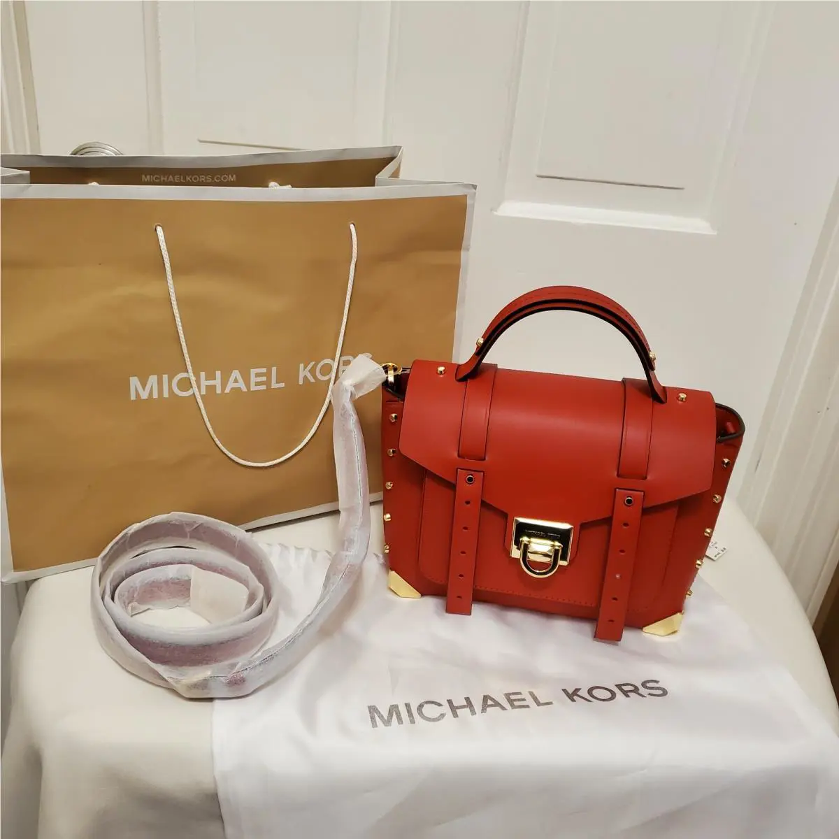 Michael Kors Manhattan Medium Flame Leather Top Handle Satchel Handbag