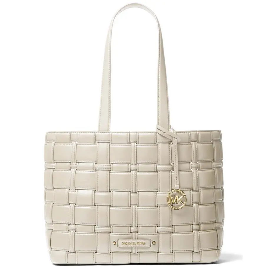 Michael Kors Ivy Woven East West Tote Light Cream Tote Bag Snap Pocket Gold