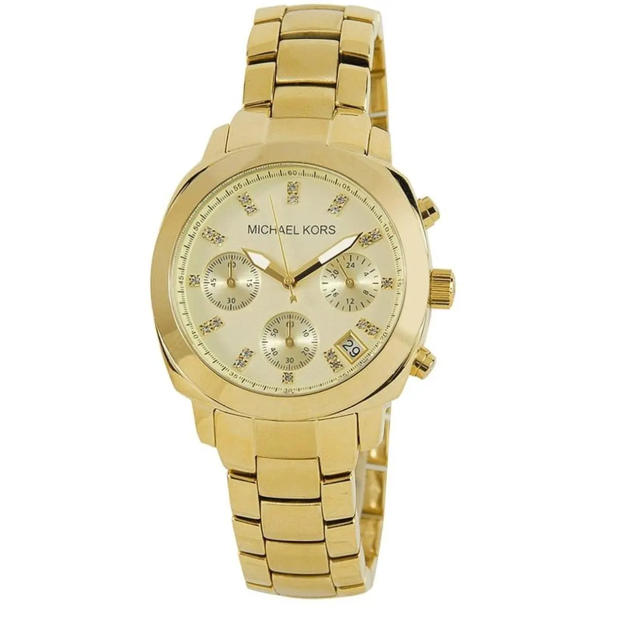 Michael Kors Gold Tone Stainless Steel+crystal Dial+chrono+date Watch MK5132