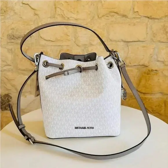 Michael Kors Eden Medium Bucket Shoulder Bag MK Logo Signature Bright White