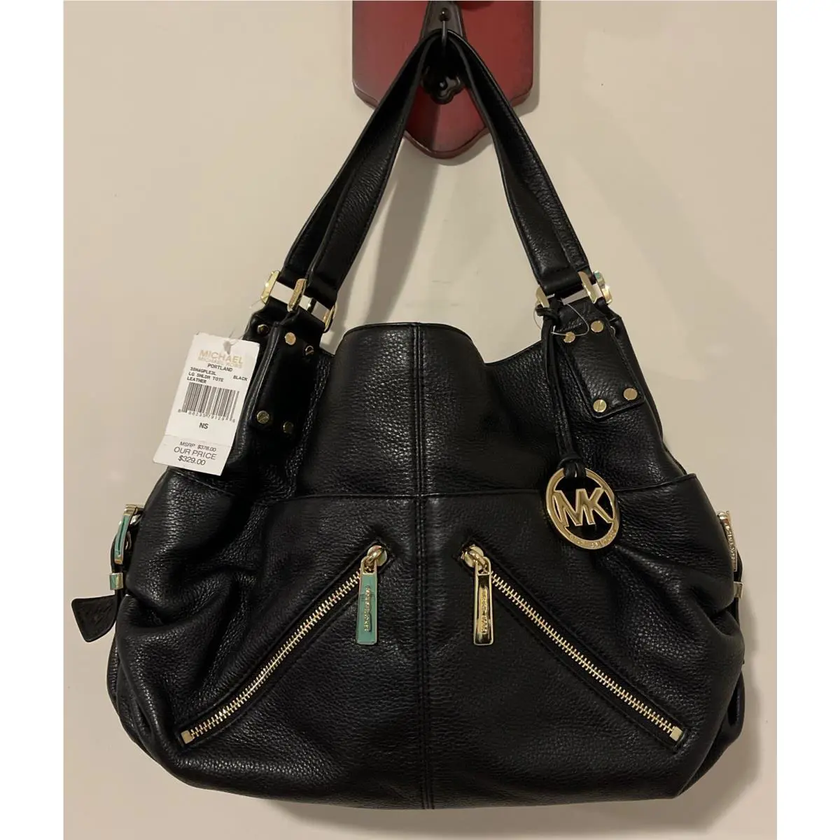 Michael Kors Portland Black Leather Large Shoulder Tote Purse Gold Trim M001