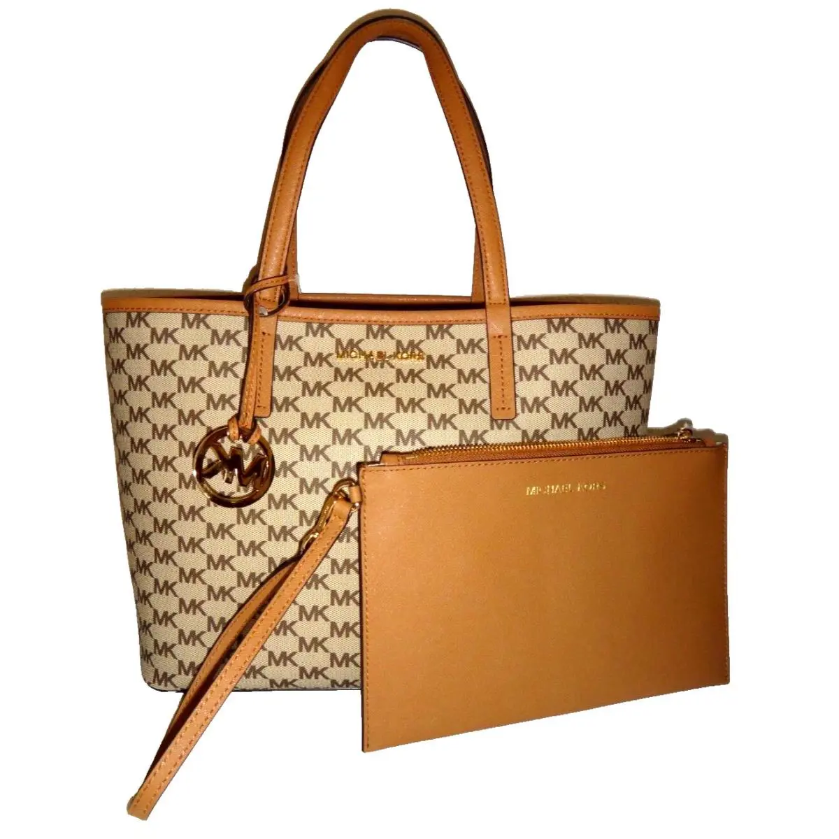 Michael Kors 2-PC Set MK Signature MD Reversible Tote Bag Clutch Acorn Saffiano