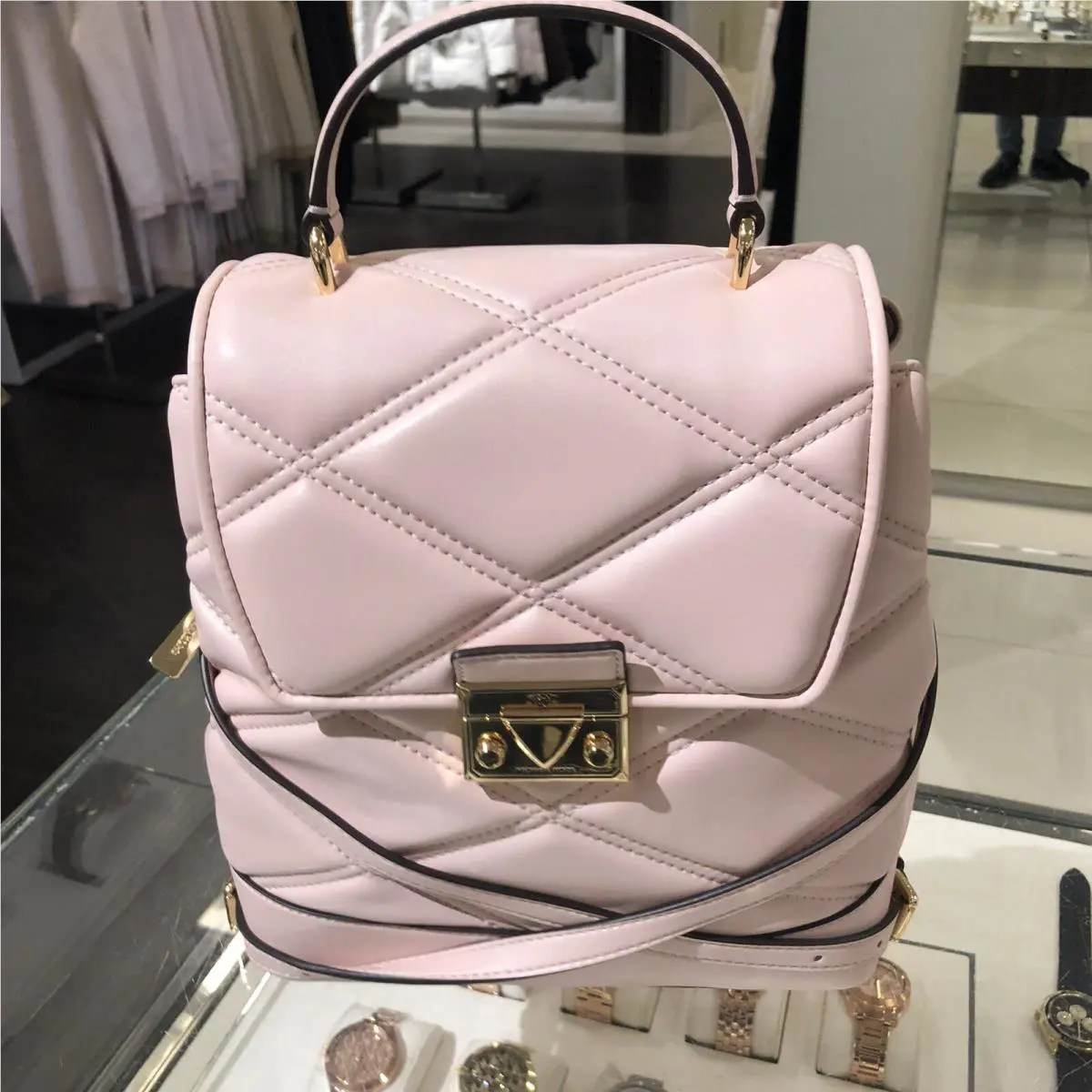 Michael Kors Serena MD Quilted Leather Flap Backpack Handbag Purse Powderblush