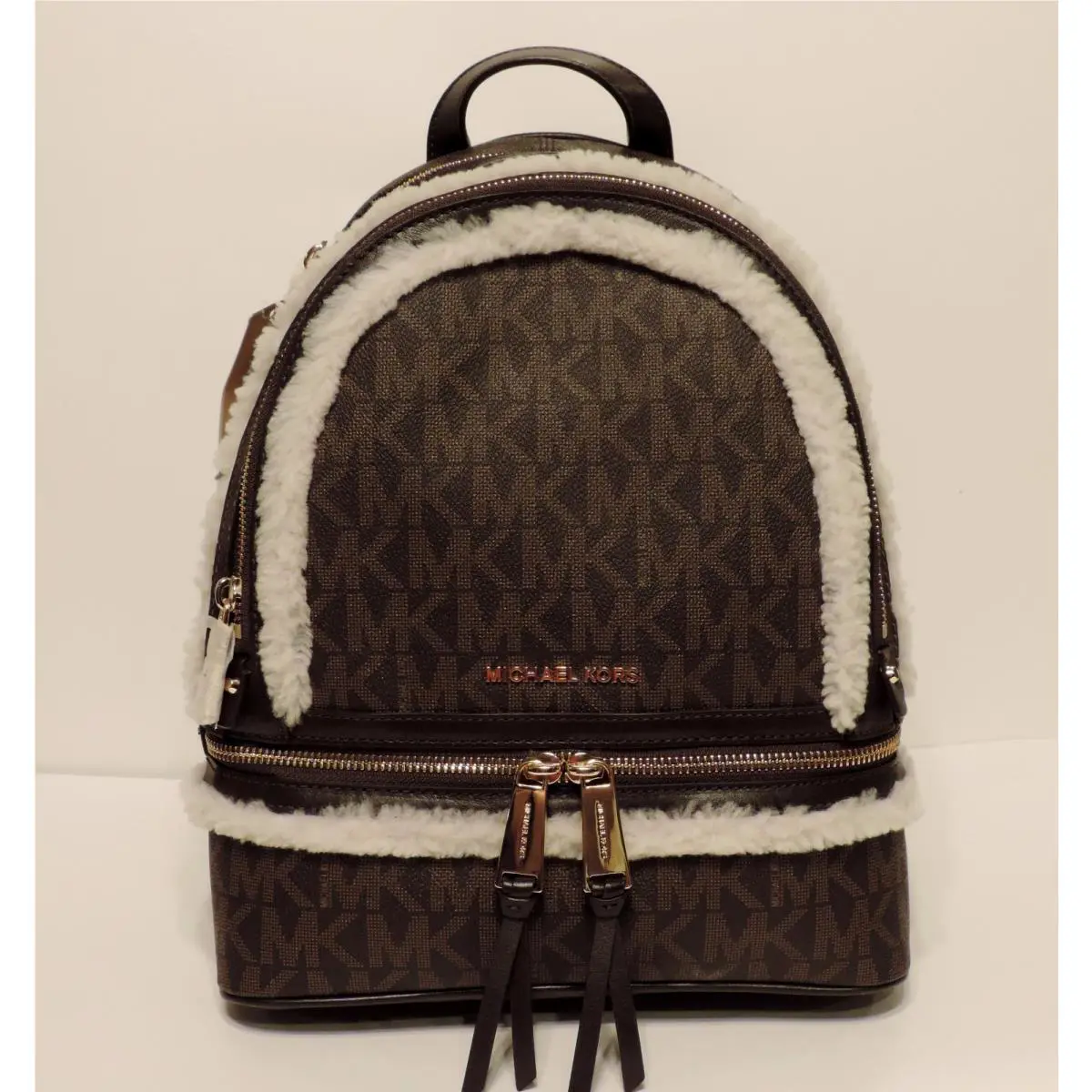 Michael Kors MD Rhea Fur Trim Brown Pvc Monogram Backpack Bookbag Bag Mono