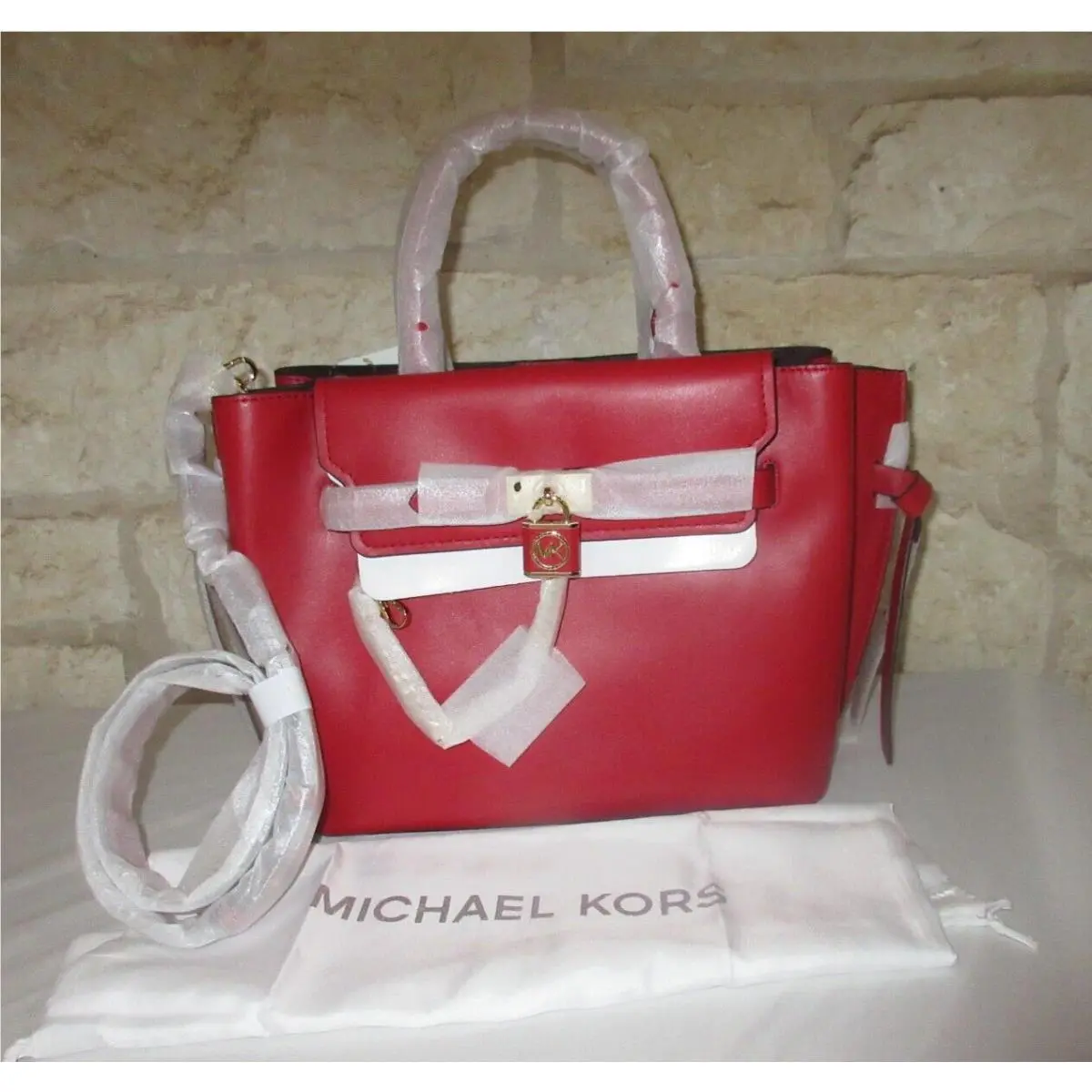 Michael Kors Hamilton Legacy Crimson Red Leather Belted Large Satchel Dust Bag