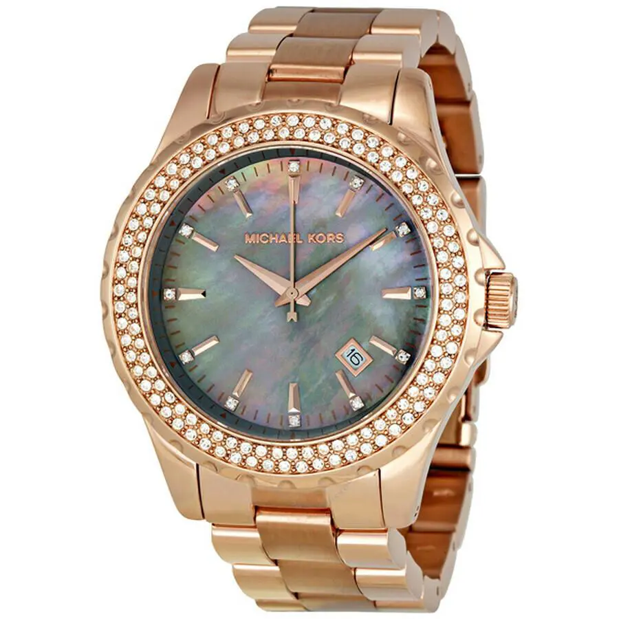 Michael Kors Madison Rose Gold Tone+pave Crystal Bezel+mop Dial Watch MK5453