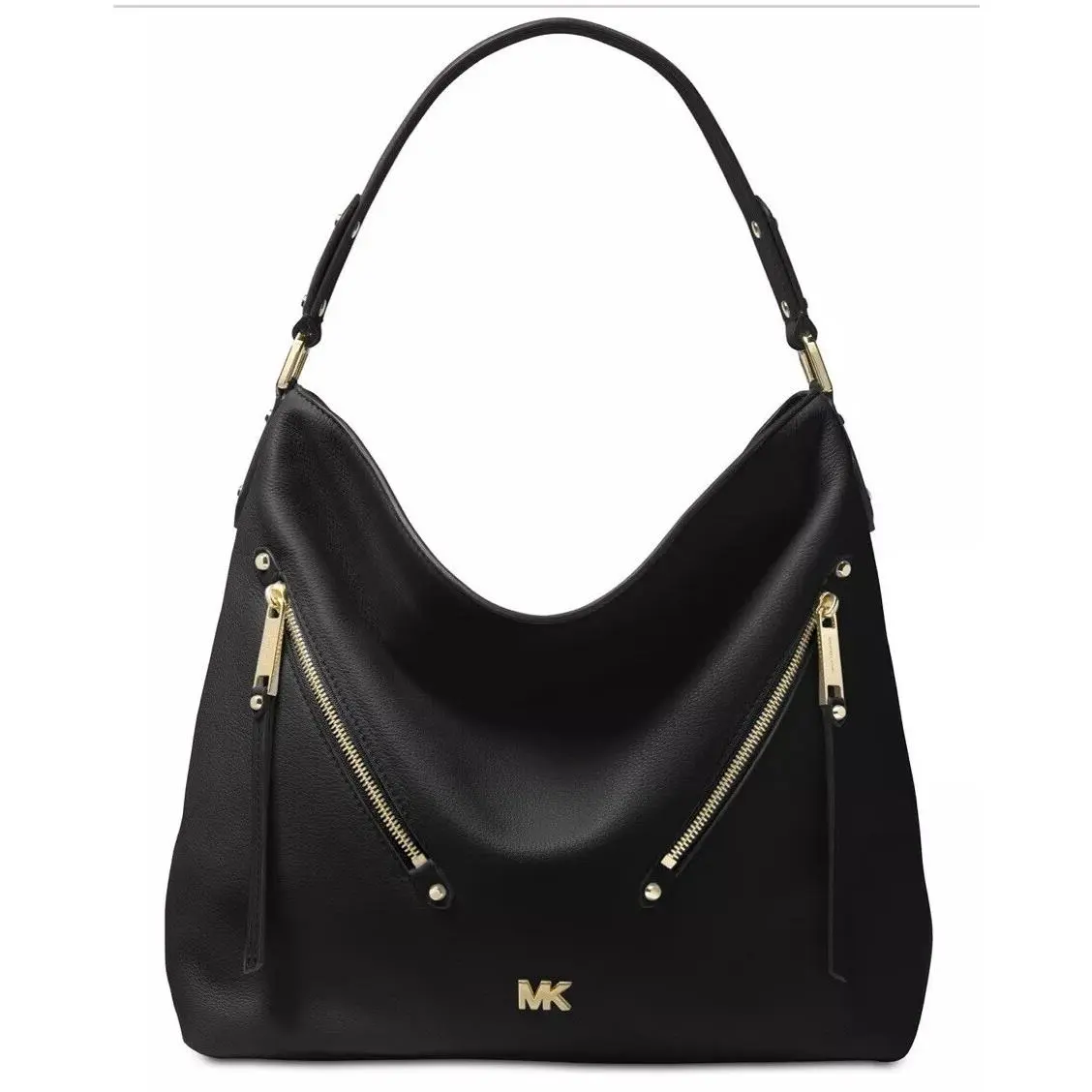 Michael Kors Evie Hobo Leather Front Zip Pocket Black Gold Bag Snap Closure
