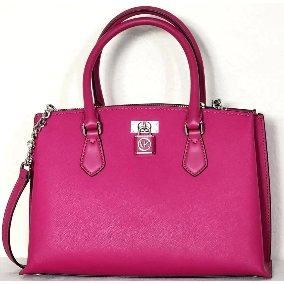 Michael Kors Ruby Deep Fuchsia Pink Silver Saffiano Leather Satchel Bag