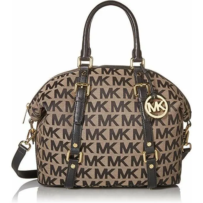 Michael Kors Bedford Beige Black Canvas Gold Belt Satchel Bag Crossbody