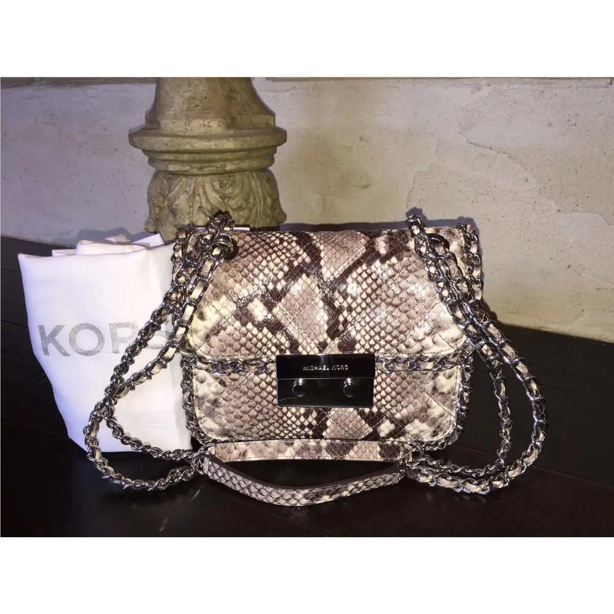 Michael Kors Carine Medium Shoulder Bag Embossed Leather Natural