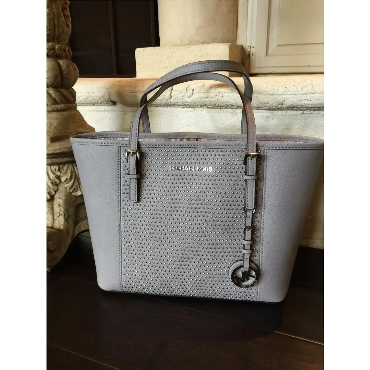Microstud Center Stripe Small Travel Tote Pearl Grey Mint by Michael Kors