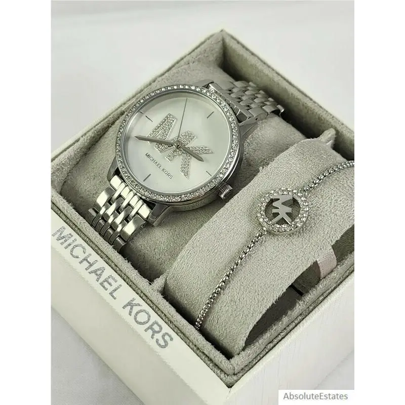 Michael Kors Melissa Silver Crystal Watch Logo Bracelet Set MK1055 Gift Set