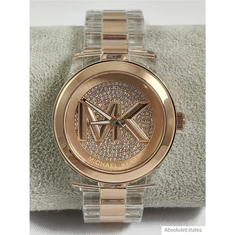 Michael Kors Runway Clear Acetate Rose Gold Crystal Glitz Watch MK7355 Nwot