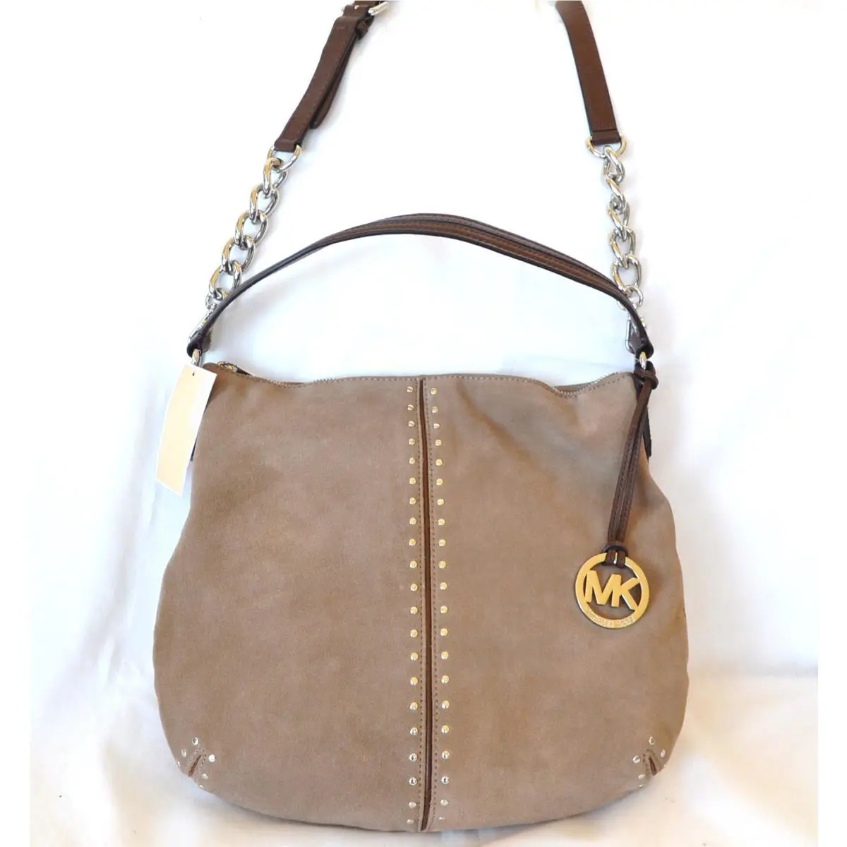 Michael Kors Astor Dark Dune Taupe Beige Suede+silver Tote Shoulder Hand Bag