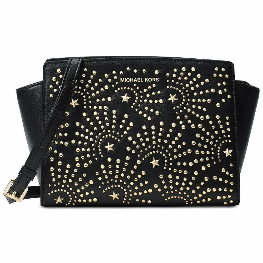 Black Selma Studded Firework Leather Medium Messenger Bag by Michael Kors
