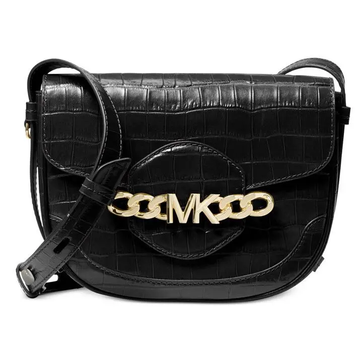 Michael Kors Wythe Medium Leather Saddle Messenger Croco Black Bag Crossbody