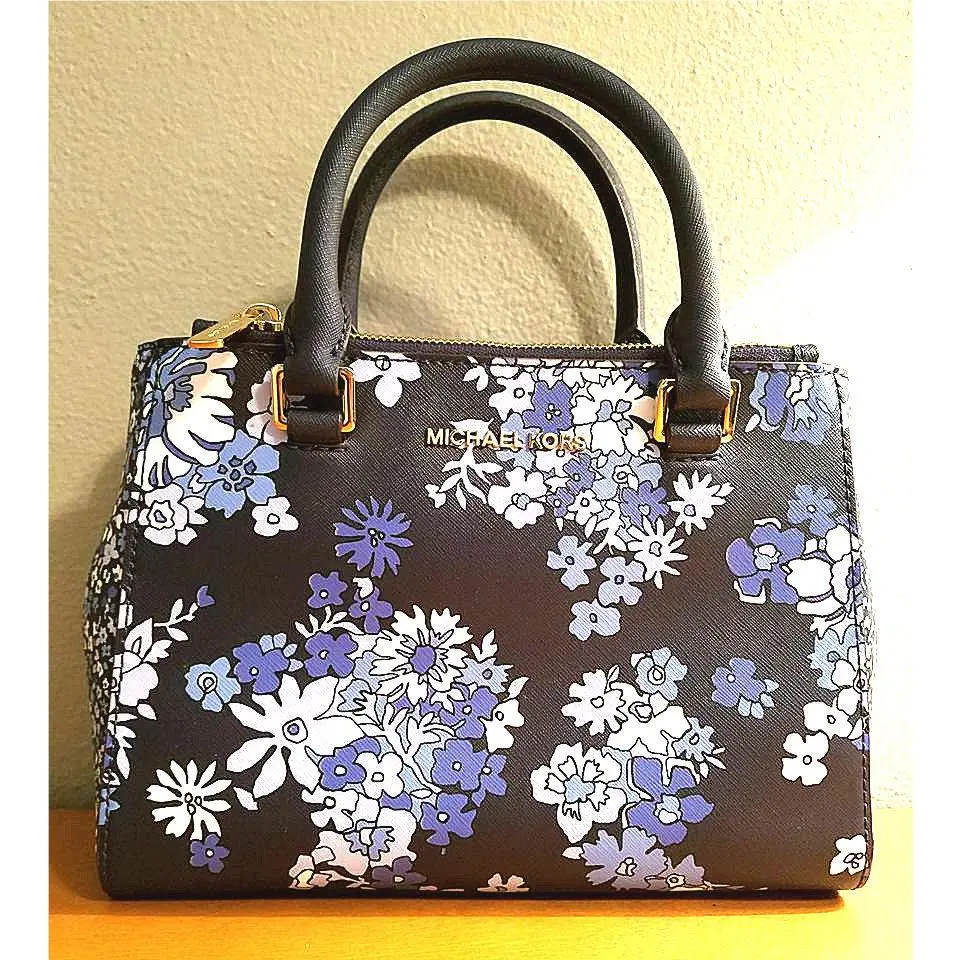Aunthentic Michael Kors Kellen XS Satchel Navy Crossbody MK Bag Flower Design