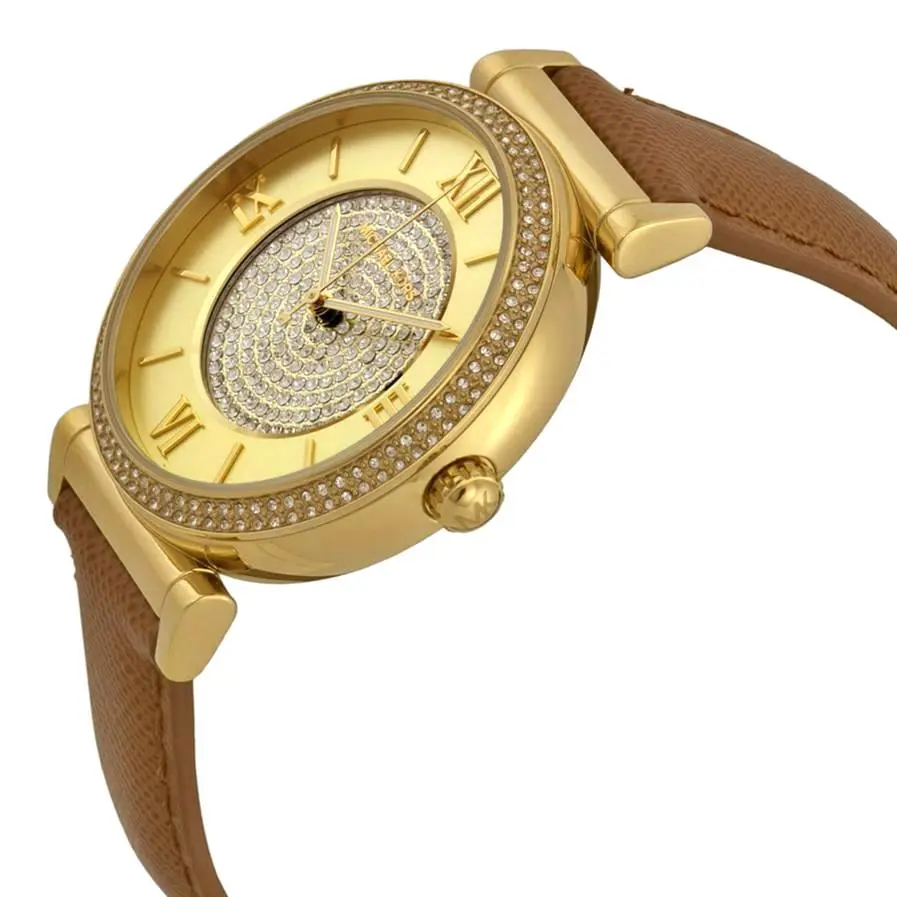 Michael Kors Catlin Gold Tone Brown Saffiano Leather Band Pave Watch MK2375