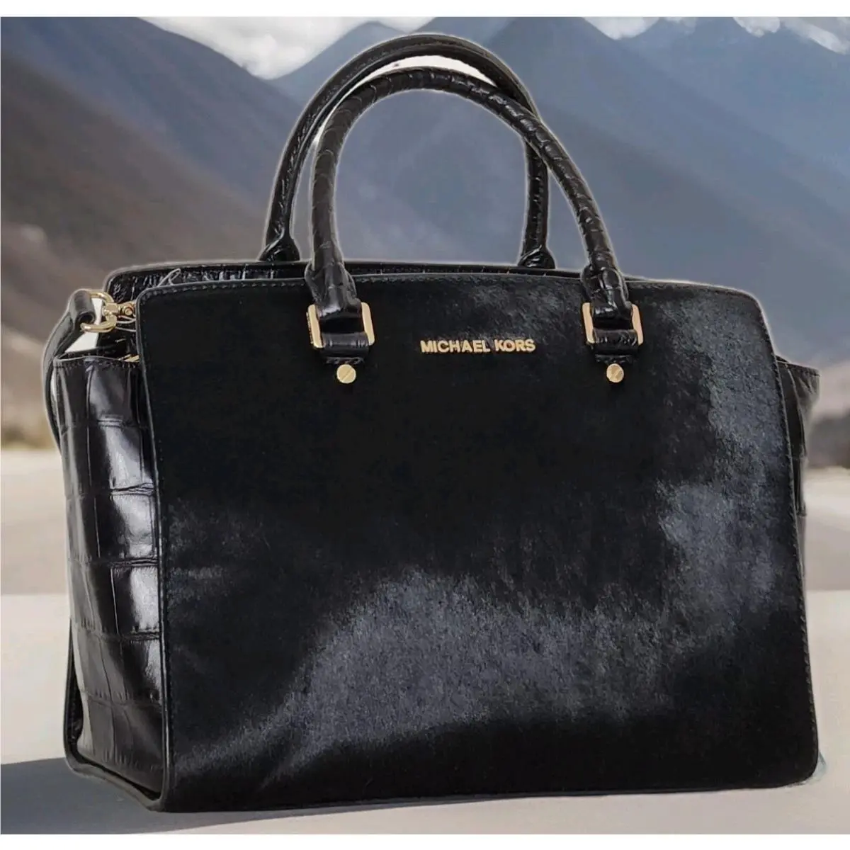 Michael Kors Selma Large Black Haircalf Croc Embossed Leather Satchel Bag