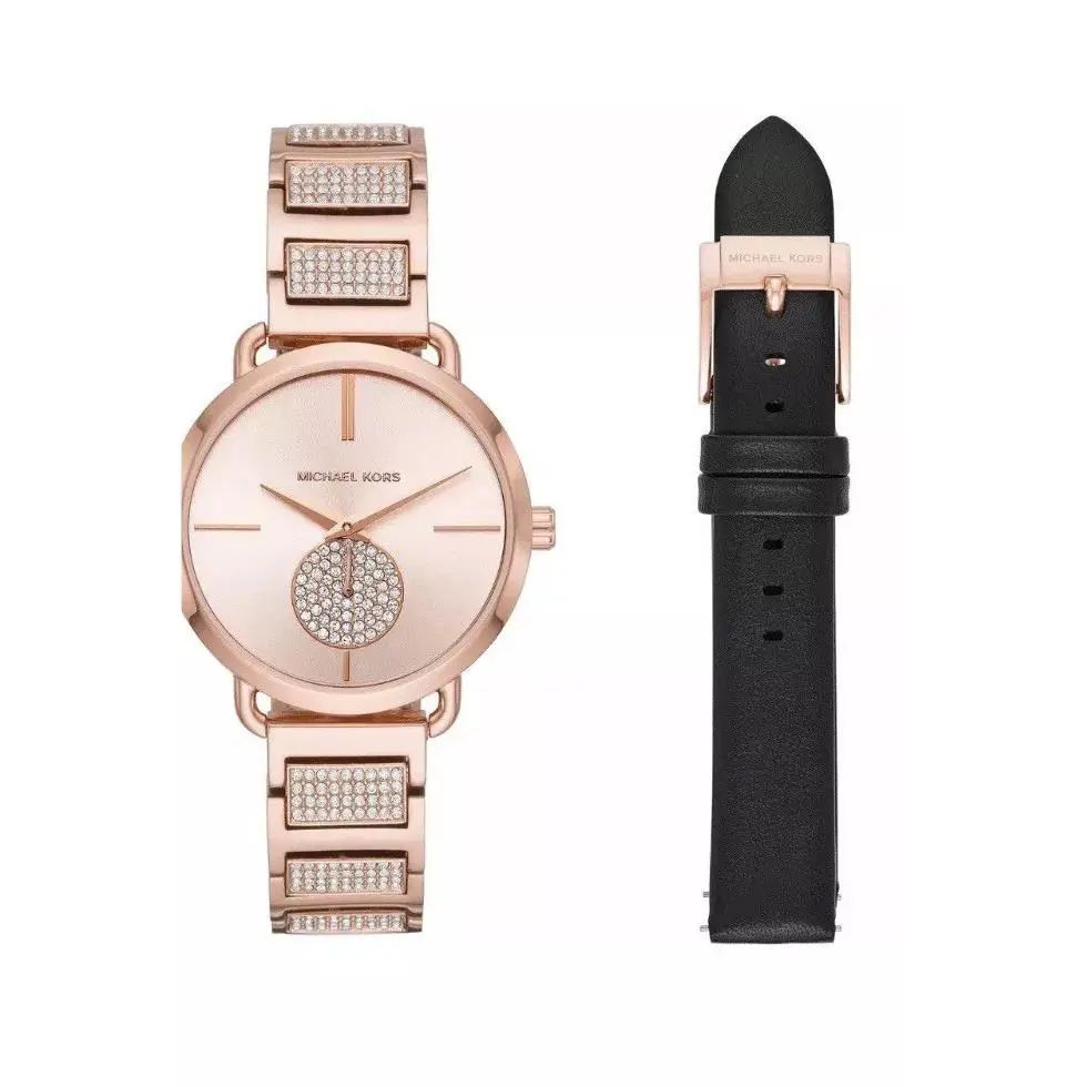 Michael Kors Portia Watch Set Rose Gold Pave Black Leather Band MK2776 - Dial: Rose Gold, Band: Black, Rose Gold