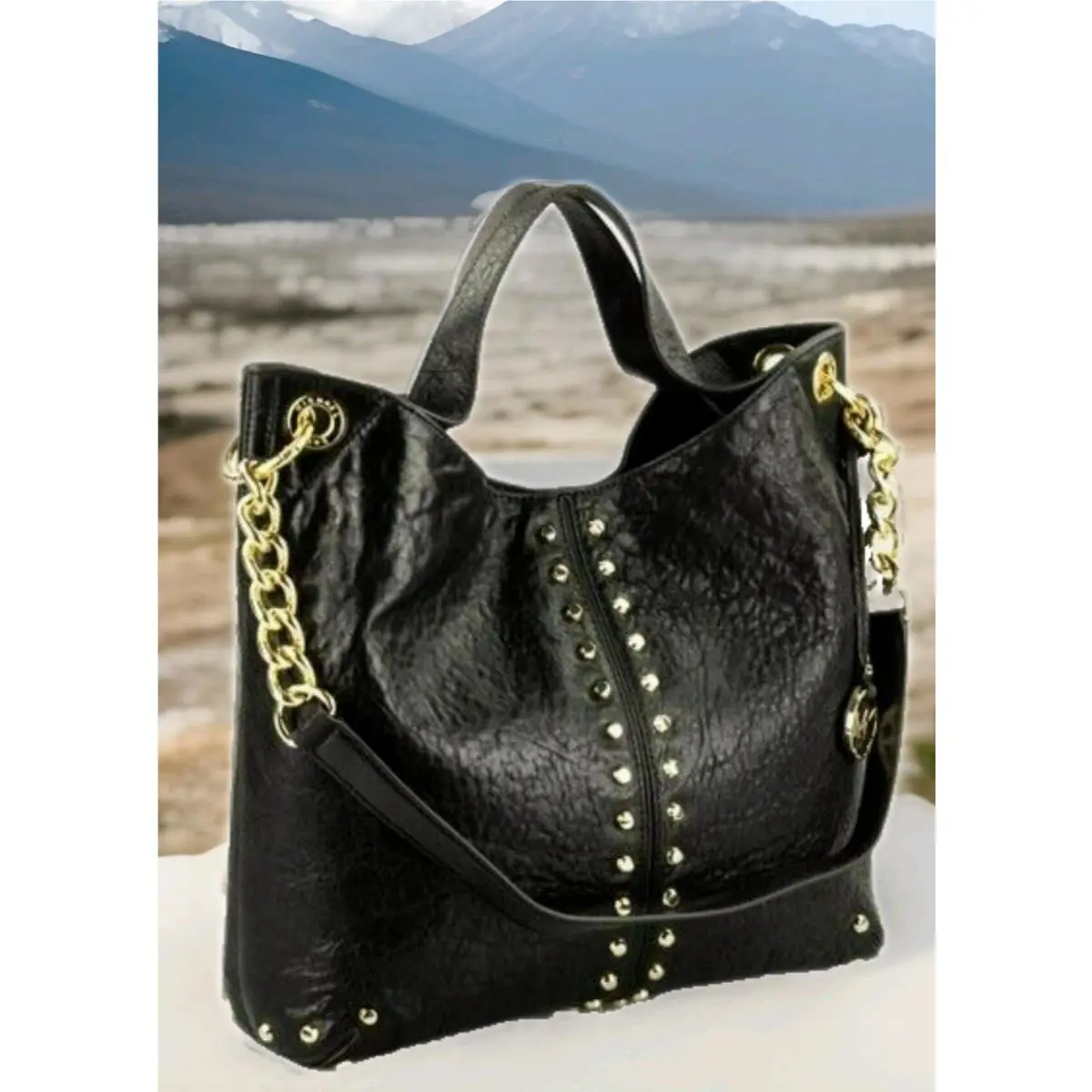 Michael Kors Uptown Astor Studded Black Gold Leather Large Tote Bag