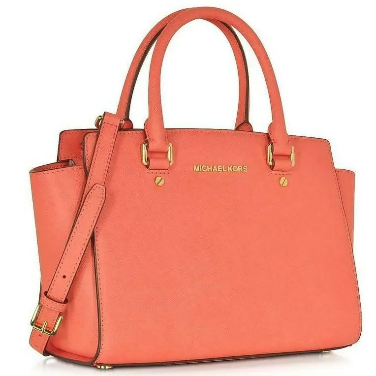 Michael Kors Selma Grapefruit Pink Saffiano Leather Crossbody Satchel Bag