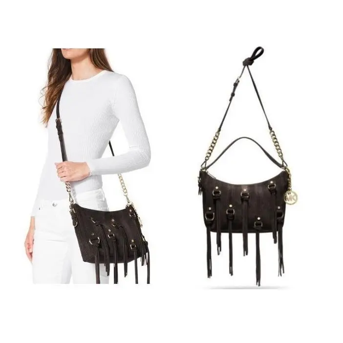 Presley Coffee Brown Suede Gold Fringe Shoulder Bag Crossbody by Michael Kors