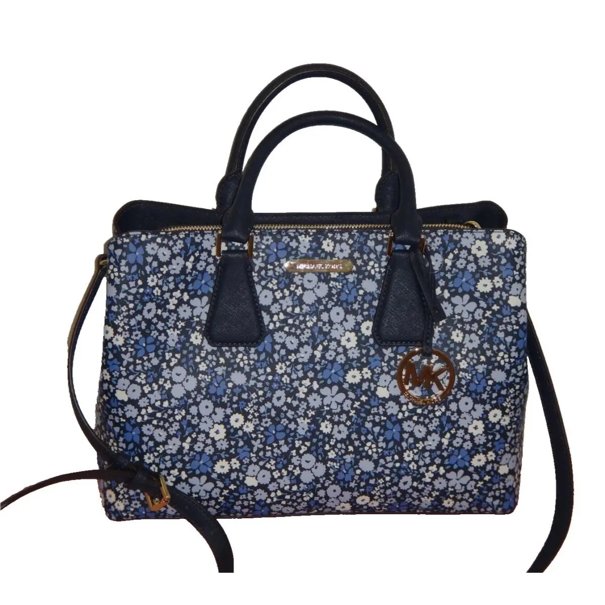 Michael Kors Women`s Camille MK LG Satchel Floral Bag Navy Blue Gold 38S8XCAS3R