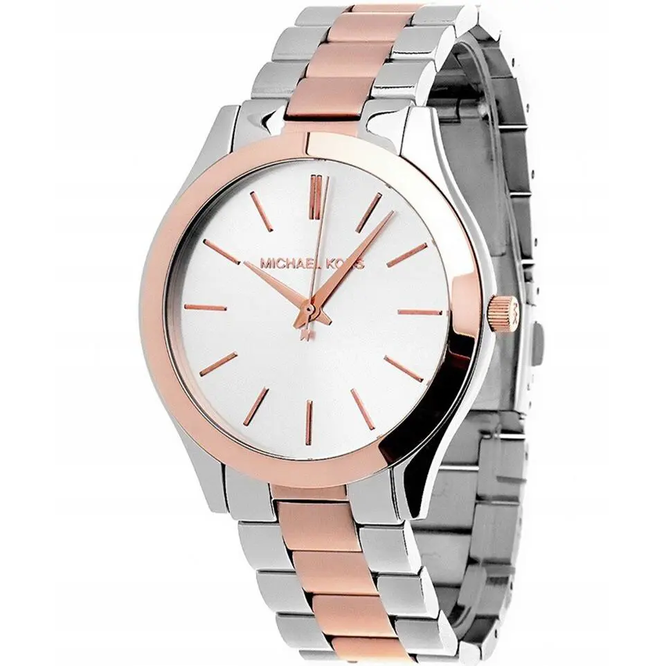 Michael Kors Runway Two 2 Tone Rose Gold+silver Slim Dial Small Watch MK3204 - Dial: Silver, Band: Rose Gold,silver