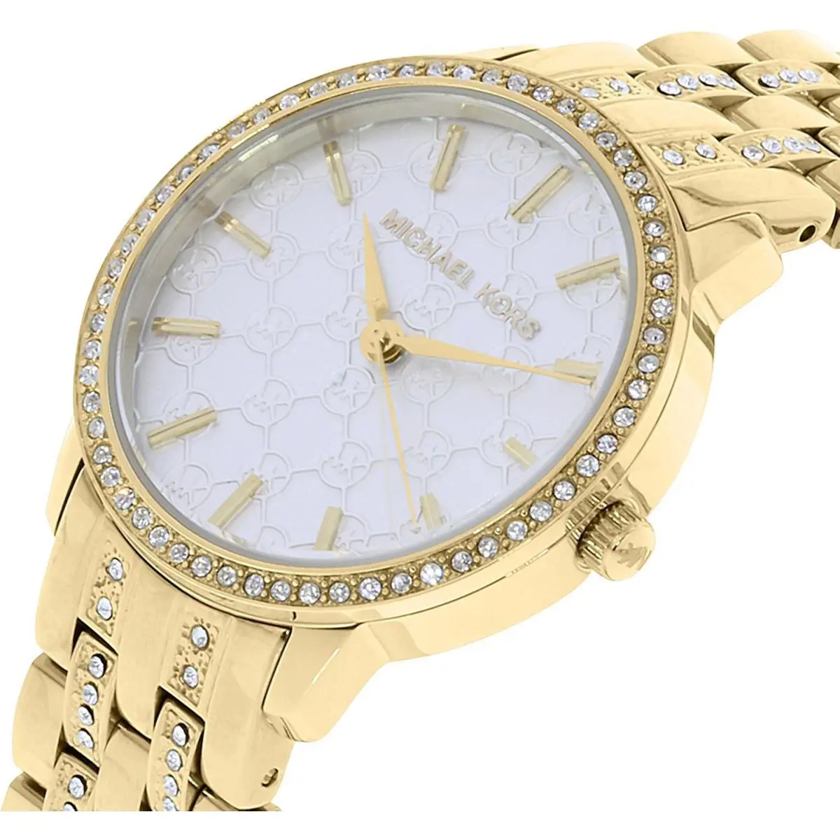 Michael Kors Nini Gold Tone Crystals White Monogram Logo Dial WATCH-MK3214 - Dial: White, Band: Yellow Gold