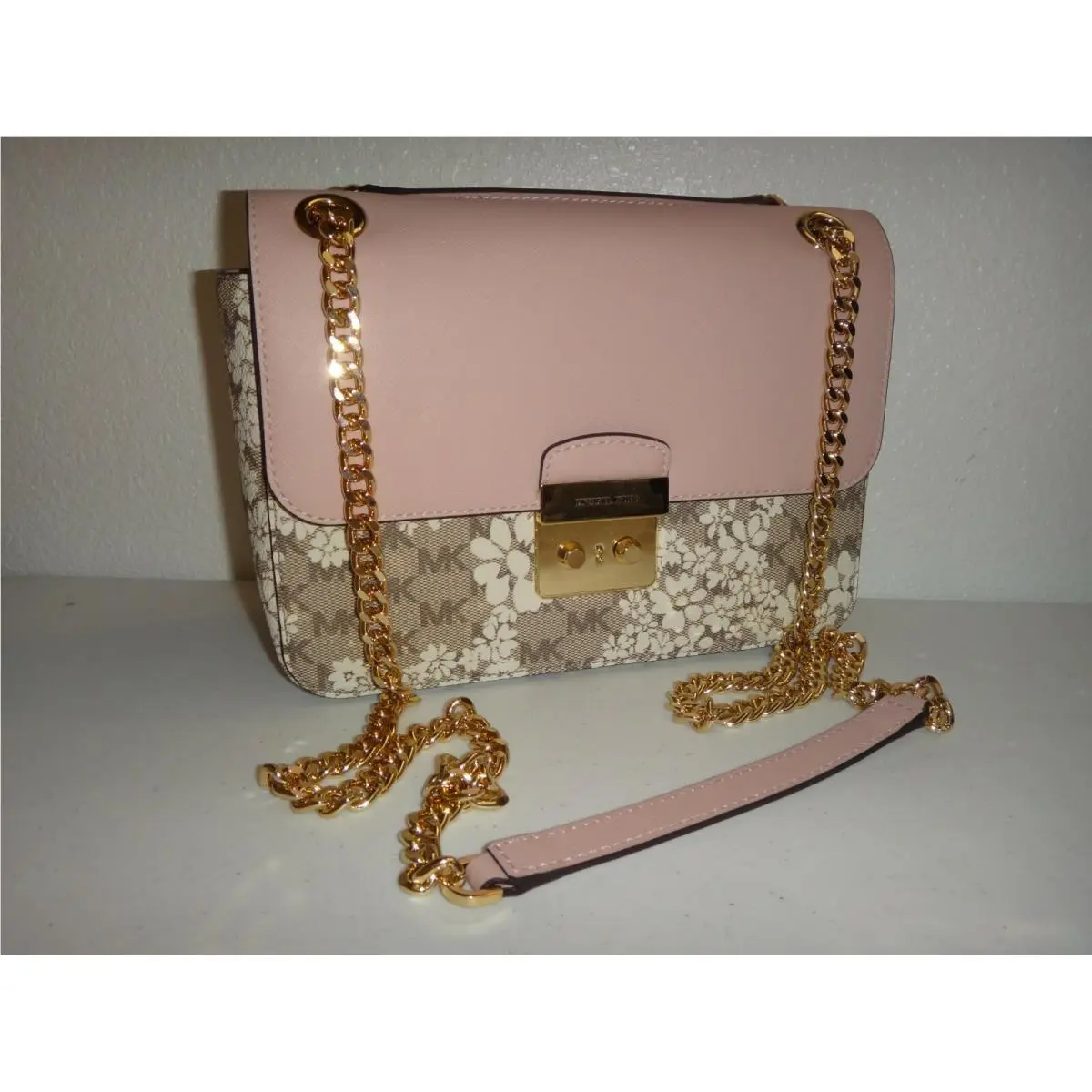 Michael Kors Brandi MK Monogram Floral Flap Bag Pink Saffiano Leather Gold Cha