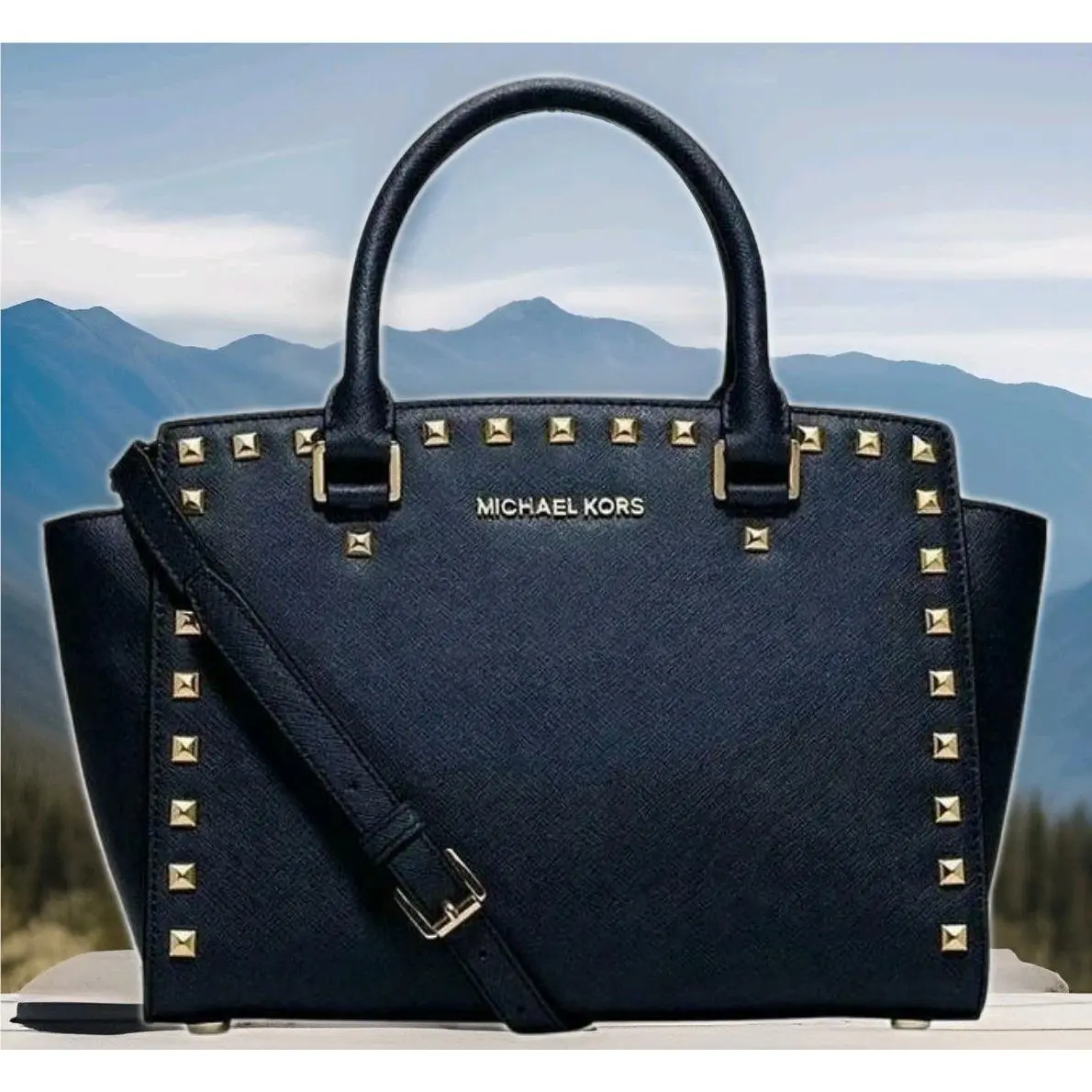 Michael Kors Selma Stud Satchel Bag Purse Navy Saffiano Leather Crossbody