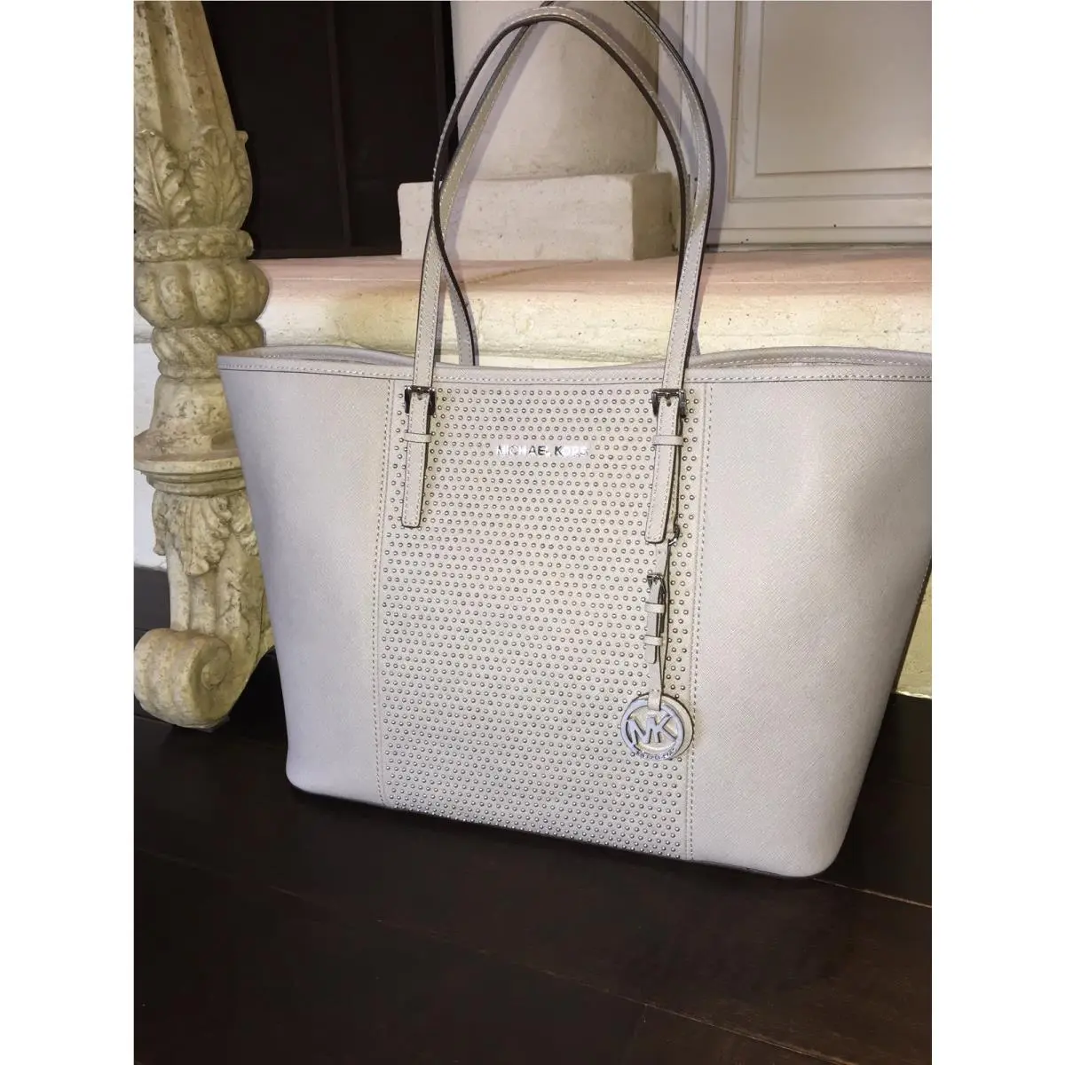 Microstud Center Stripe Medium Travel Tote Pearl Grey by Michael Kors