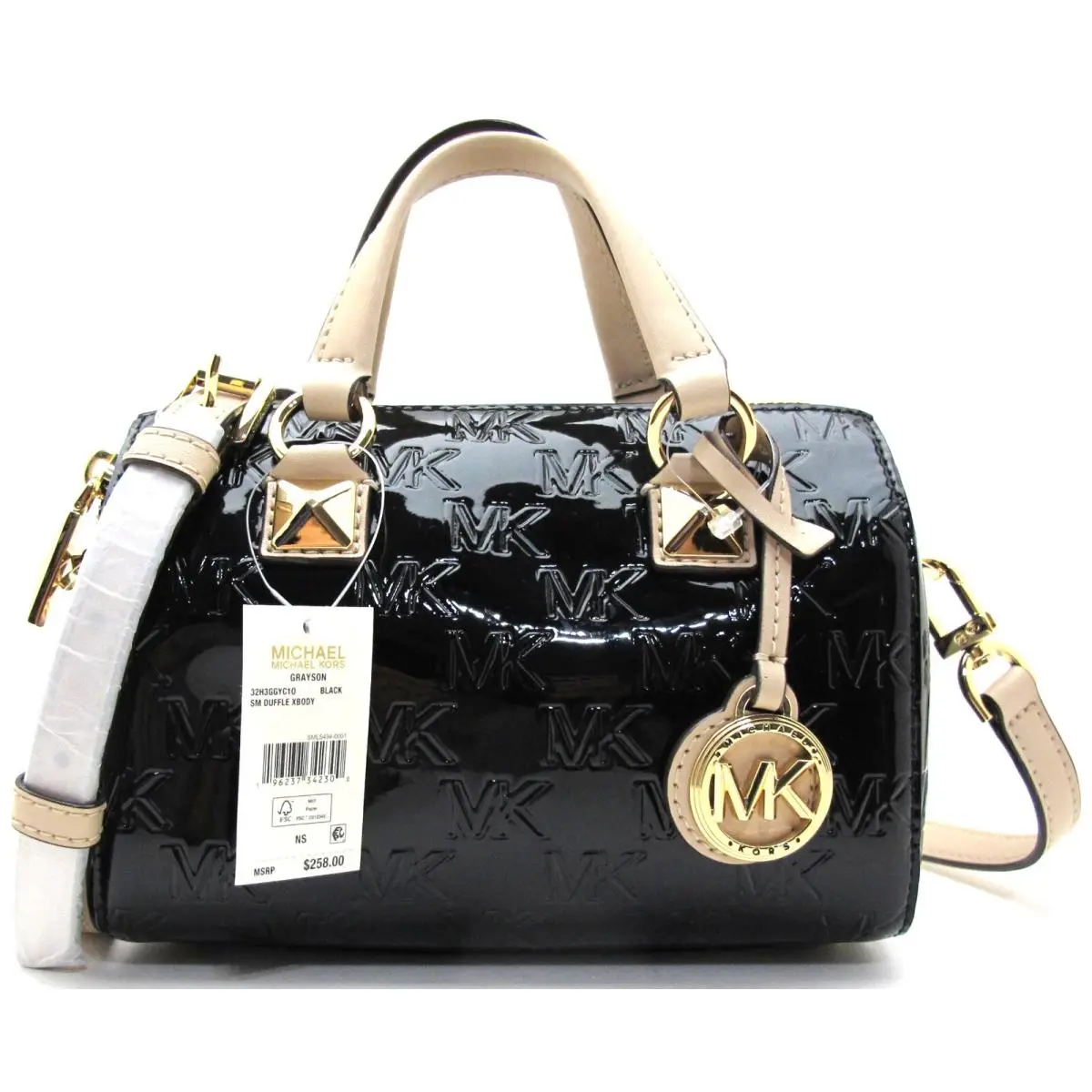 Michael Kors Grayson Small Shiny Patent Leather Duffle Crossbody Black/gold