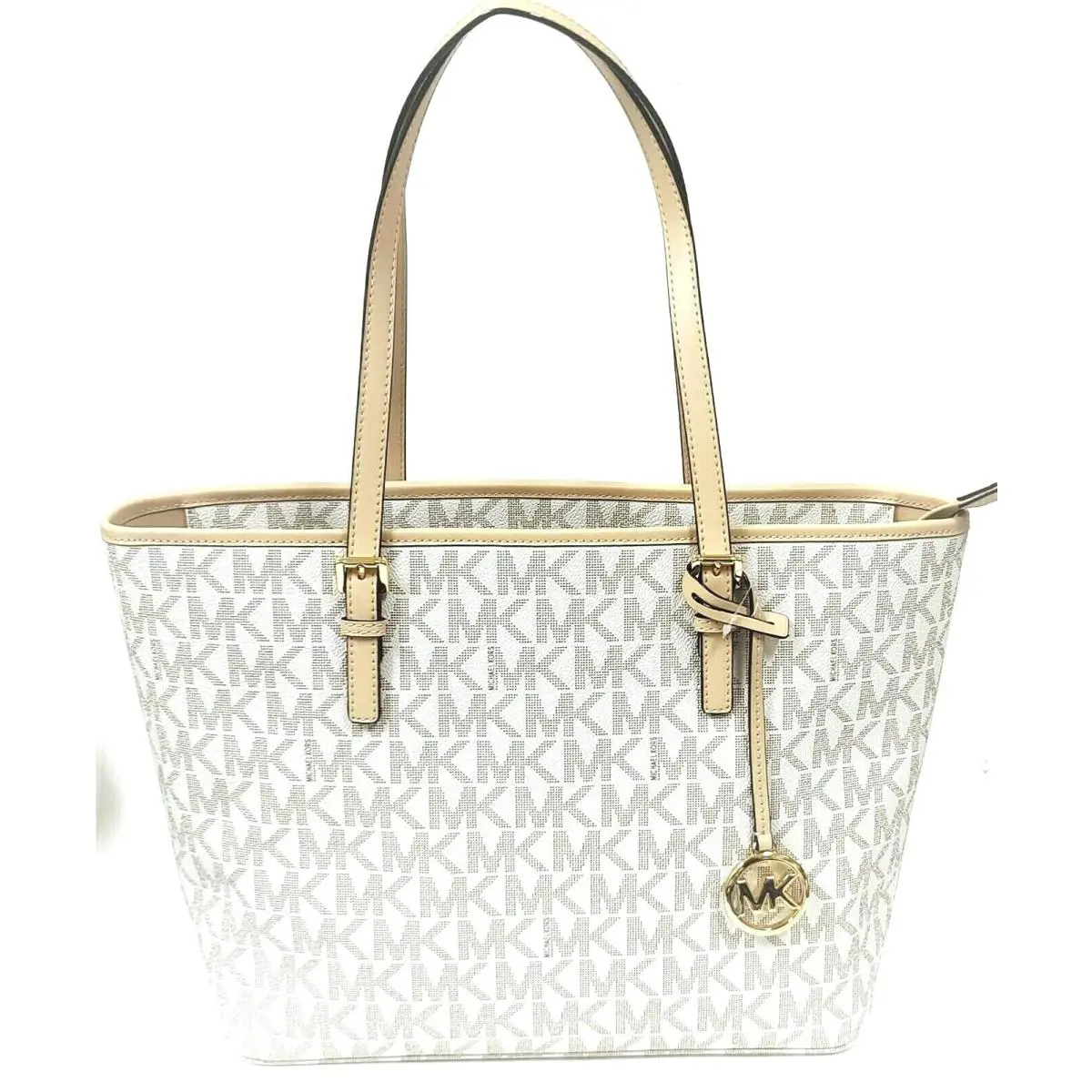 Michael Kors Jet Set Travel Vanilla White Pvc+tan Leather Trim Tote Bag