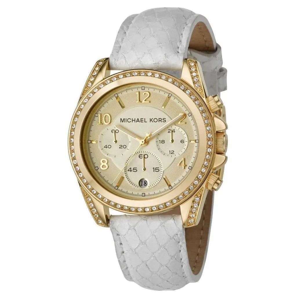 Michael Kors White Python Leather+gold Tone+chrono Crystals Date WATCH-MK5282