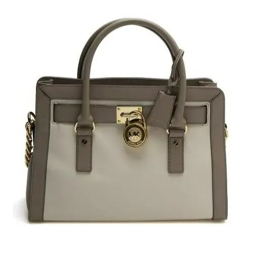 Michael Kors Hamilton Frame Out Ecru Beige Taupe Leather Gold Satchel Bag