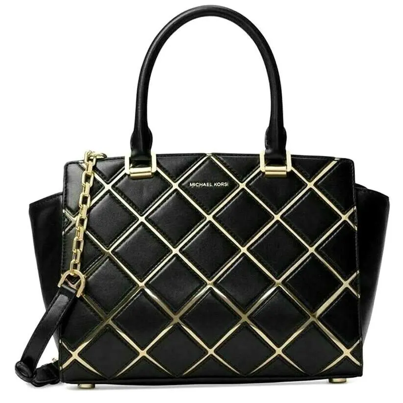 Mchael Kors Selma Black Diamond Gold Quilt Leather Crossbody Satchel Bag