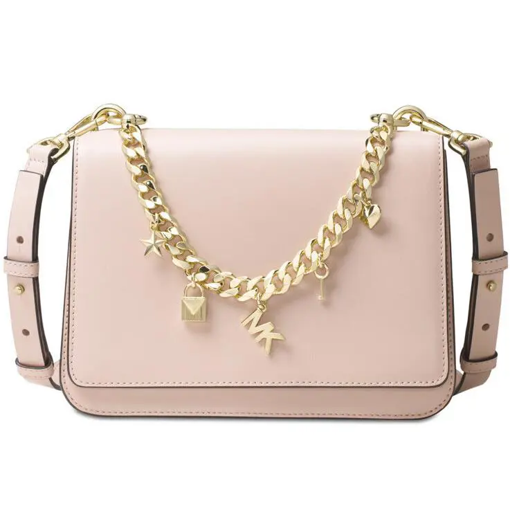 Michael Kors Mott Large Charm Swag Shoulder Bag Soft Pink Leather Gold Cha