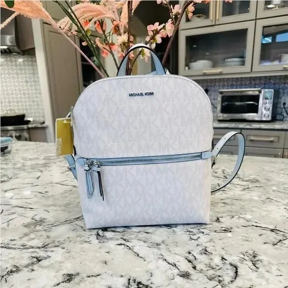 Backpack Dallas Medium Slim/signature Logo White/soft Blue by Michael Kors