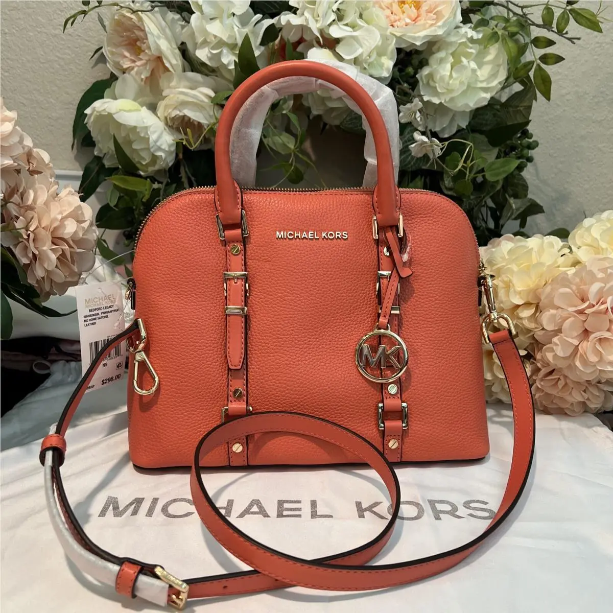 Michael Kors Leather Bedford Legacy Dome Satchel Bag W/crossbody Strap Coral