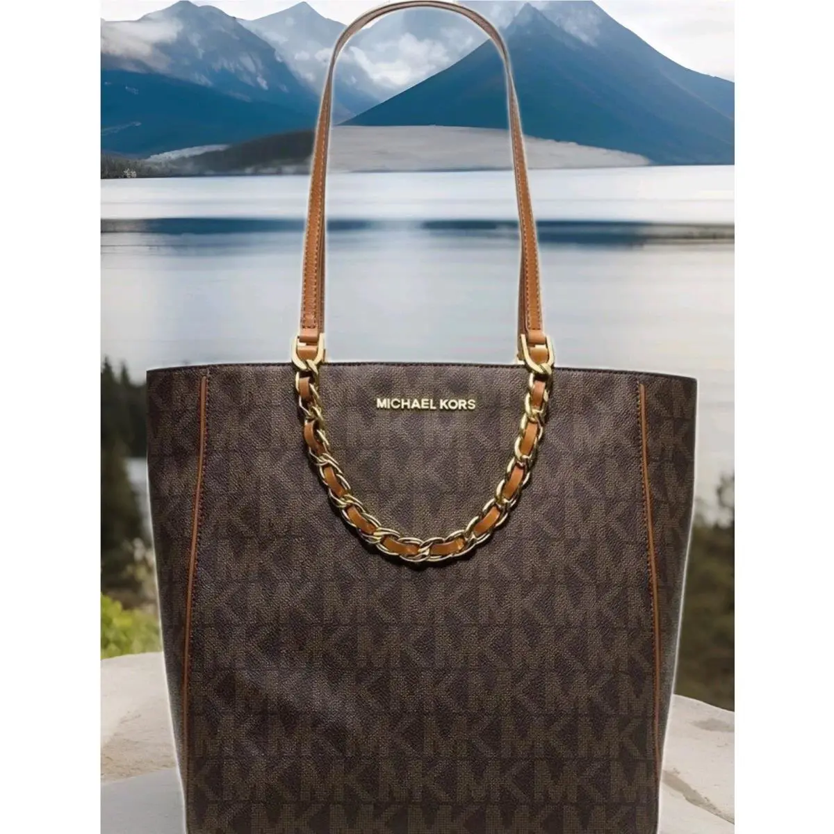 Michael Kors Harper Large Brown Signature Logo Monogram Tote Bag Purse