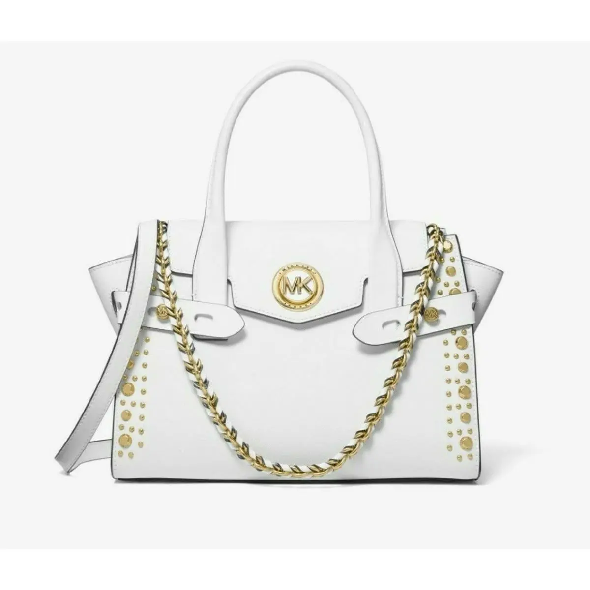 Michael Kors Carmen Small Studs Leather Belted Satchel Optic/white