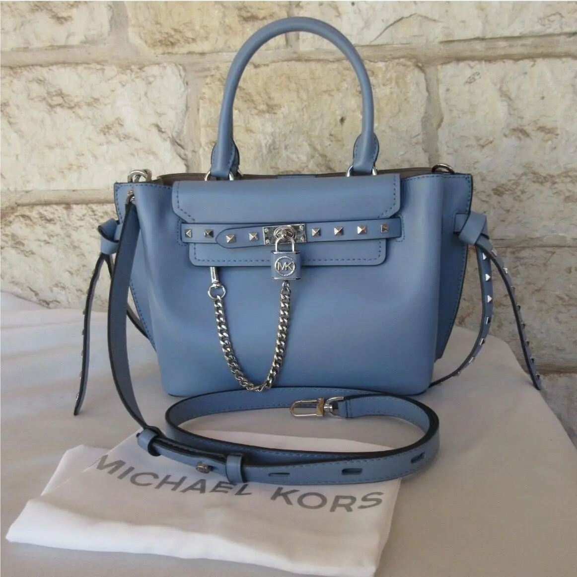 Michael Kors Hamilton Legacy SM Leather Belted Stud Satchel Rare Chambray