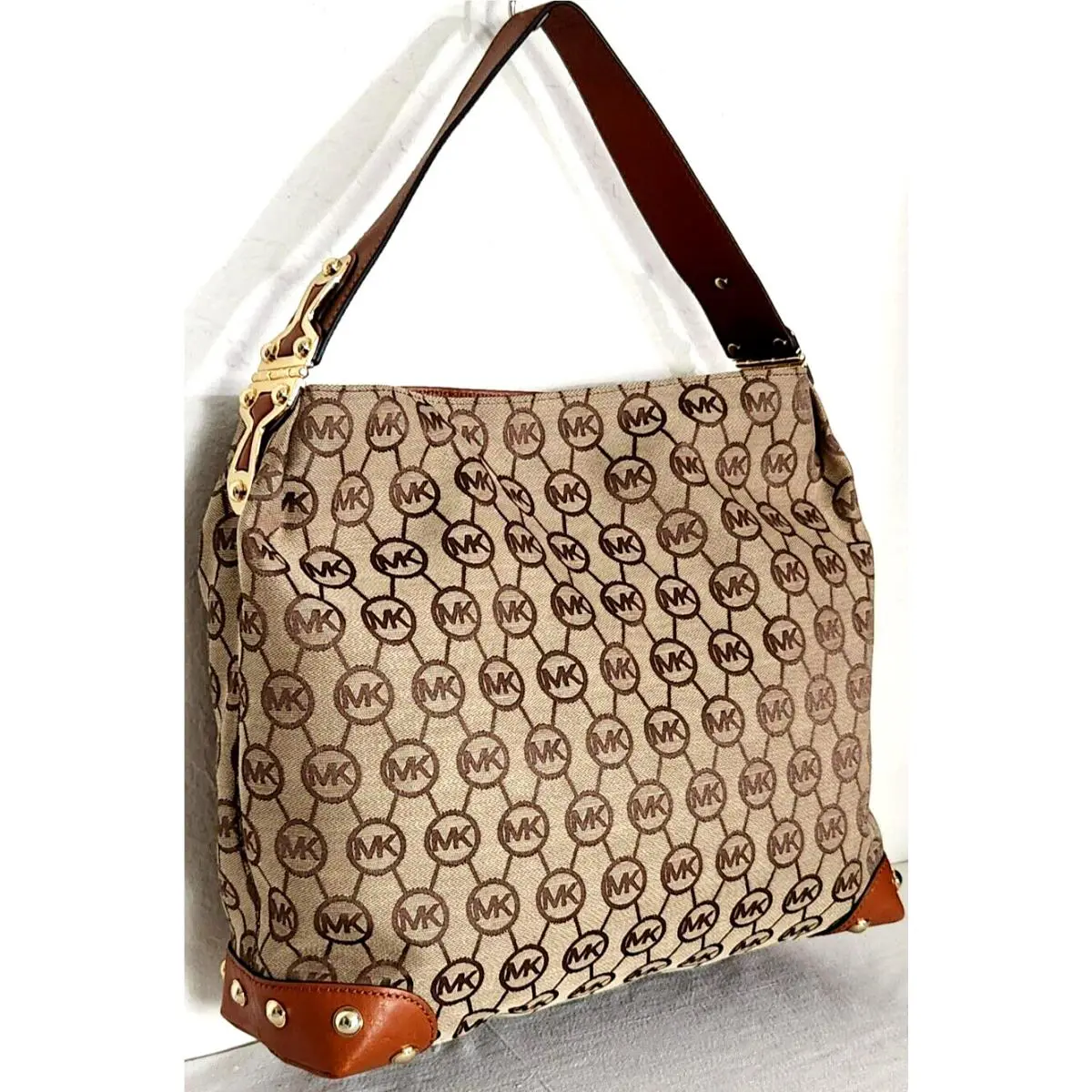 Michael Kors Joplin Logo Beige Luggage Brown Top Handle LG Shoulder Bag