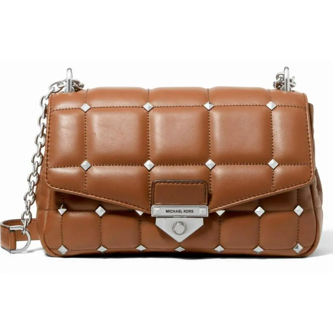 Michael Kors Soho Large Luggage Brown Studded Quilt Leather Crossbody Bag