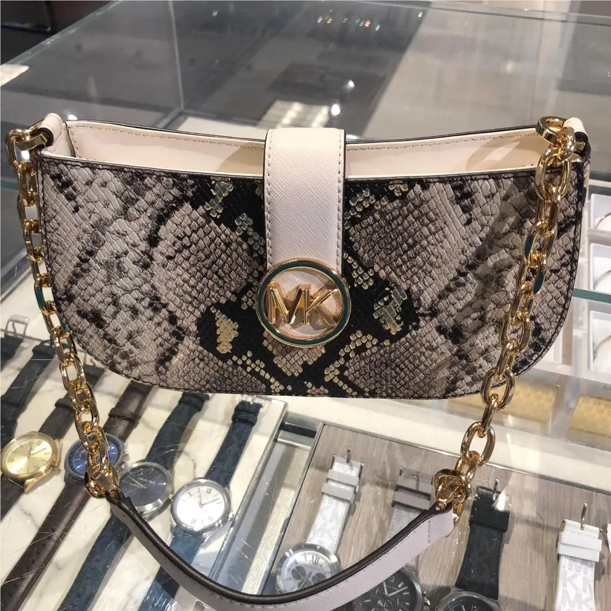 Michael Kors Carmen Small Two-tone Snake Non-leather Vegan Shoulder Bag -nat Mlt