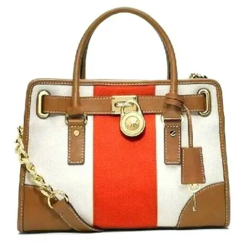 Michael Kors Hamilton Center Stripe Canvas Luggage Leather Satchel Bag