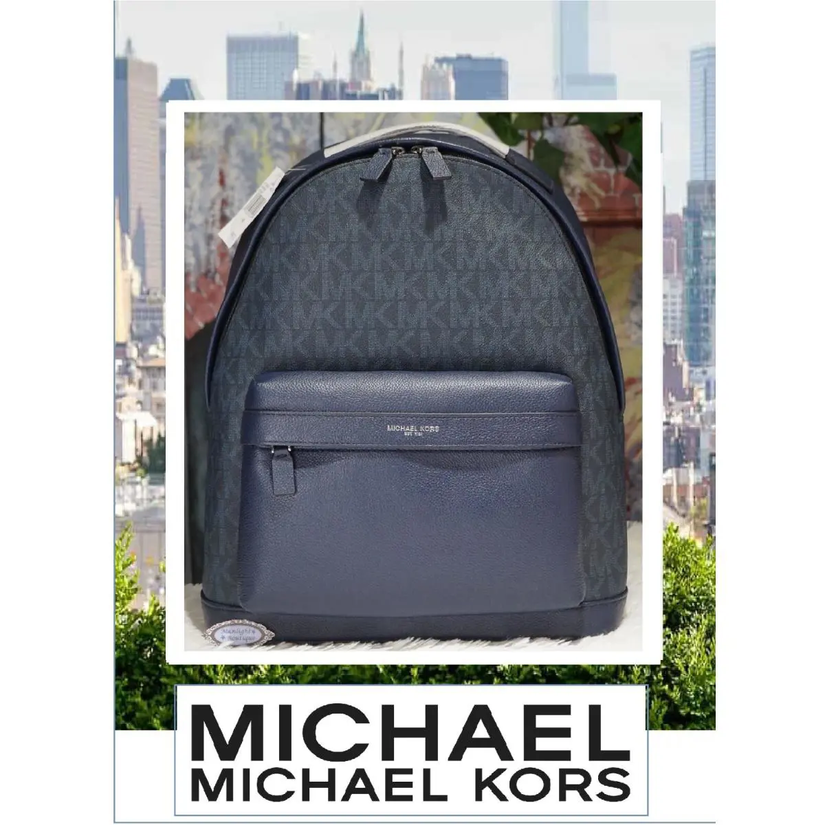 Michael Kors Russel Commuter Backpack Bag In Baltic Blue Sig Canvas Leather